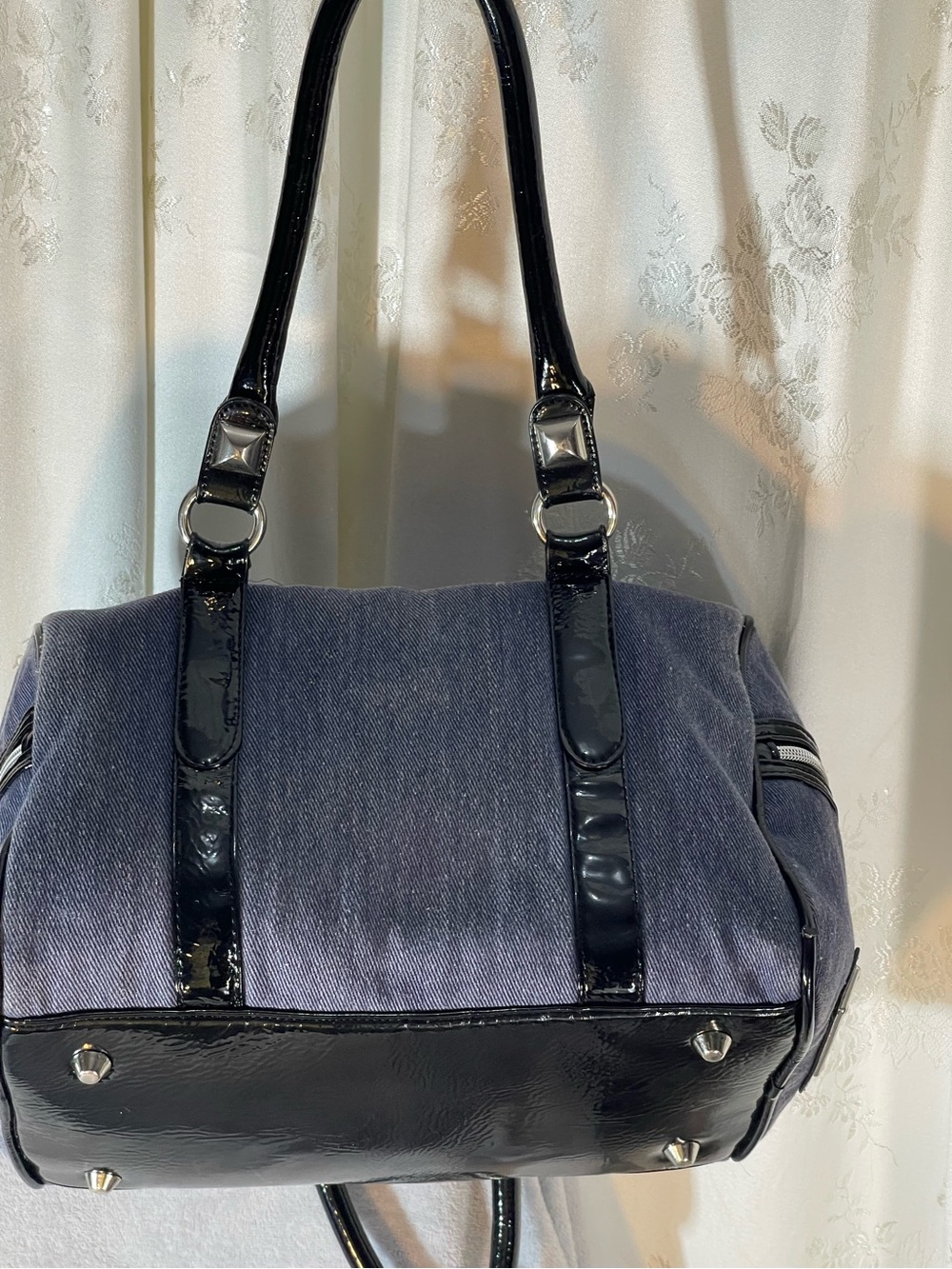BetseyJohnson Studded Denim Barrel Bag with Patent Trim - Picture 9 of 16